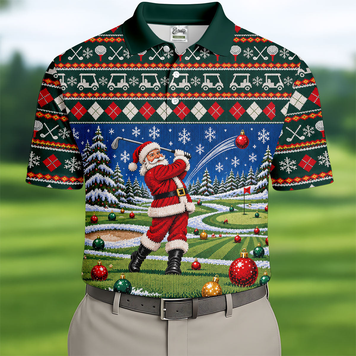 Santa Swing Fair Isle Christmas Golf Shirt, Mens Golf Shirts, Funny Mens Golf Shirts