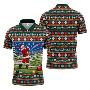 Santa Swing Fair Isle Christmas Golf Shirt, Mens Golf Shirts, Funny Mens Golf Shirts