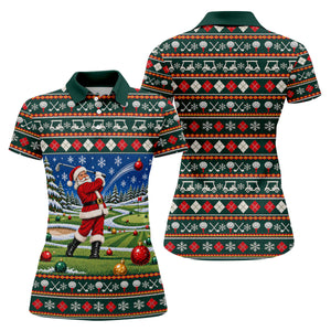 Santa Swing Fair Isle Christmas Golf Shirt, Ladies Golf Shirts, Golf Shirts For Women