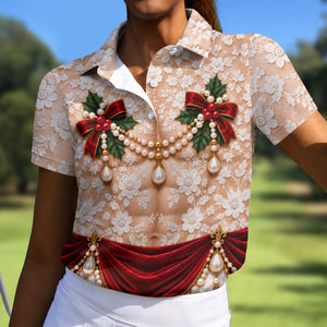 White Lace Pearls Christmas Golf Shirt, Golf Shirts For Women, Womens Golf Clothing