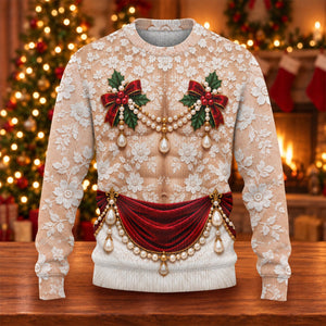 White Lace Pearls Ugly Christmas Sweater, Christmas Party Outfit, Funny Xmas Gift