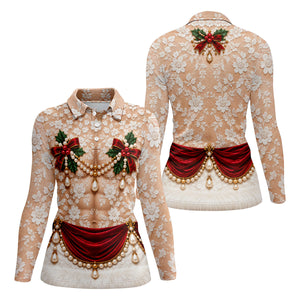 White Lace Pearls Christmas Golf Shirt, Golf Shirts For Women, Womens Golf Clothing