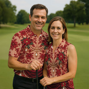 Red Poinsettia Lace Pearls Christmas Golf Shirt, Golf Polo For Men, Mens Golf Polo