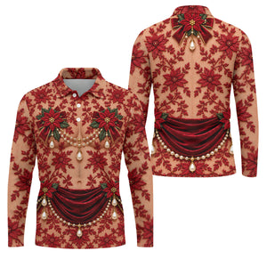 Red Poinsettia Lace Pearls Christmas Golf Shirt, Golf Polo For Men, Mens Golf Polo