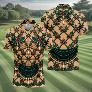 Green Holly Pearls Christmas Golf Shirt, Funny Mens Golf Shirts, Mens Golf Clothing