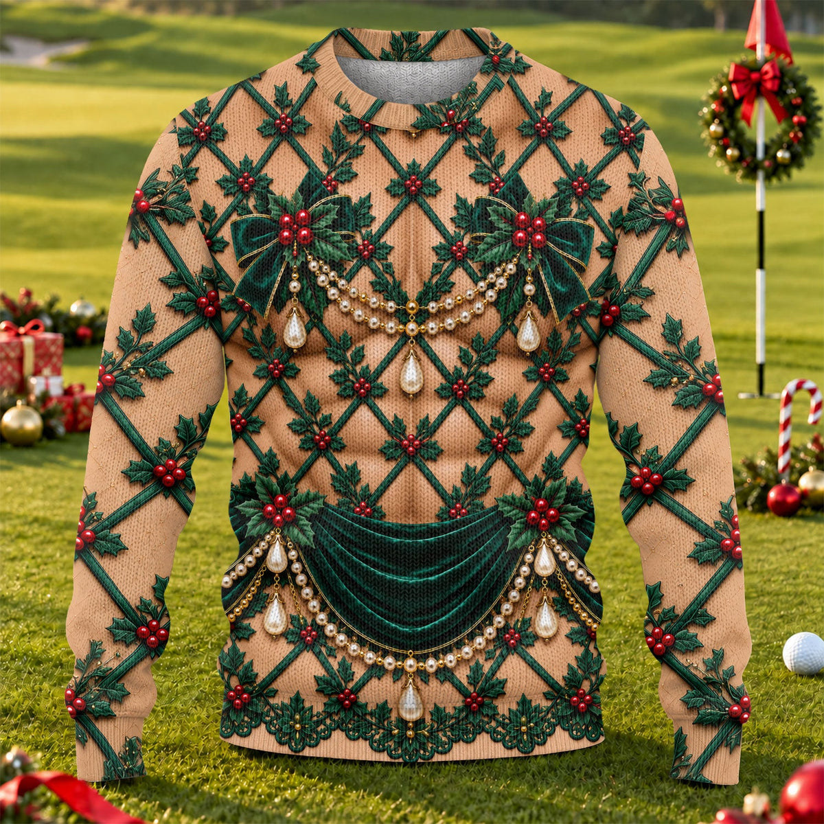 Green Holly Pearls Ugly Christmas Sweater, Christmas Golf Gift, Ugly Sweater Party
