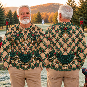 Green Holly Pearls Ugly Christmas Sweater, Christmas Golf Gift, Ugly Sweater Party