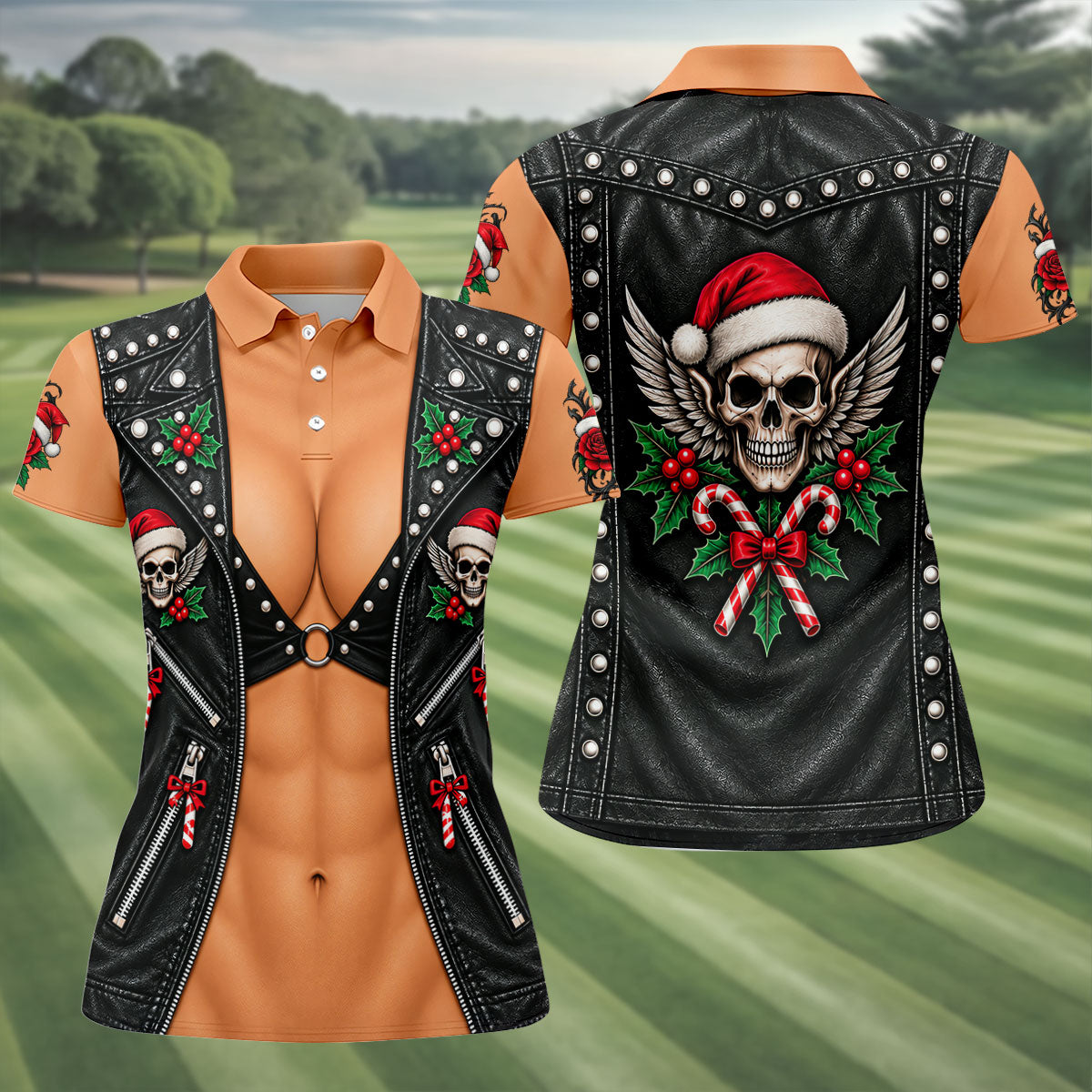Santa Skull Biker Christmas Golf Shirt, Golf Gifts For Women, Golf Shirts For Women