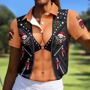 Santa Skull Biker Christmas Golf Shirt, Golf Gifts For Women, Golf Shirts For Women