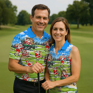 Santa Golf Course Pattern Christmas Golf Shirt, Golf Gifts For Men, Golf Polo For Men