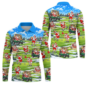 Santa Golf Course Pattern Christmas Golf Shirt, Golf Gifts For Men, Golf Polo For Men