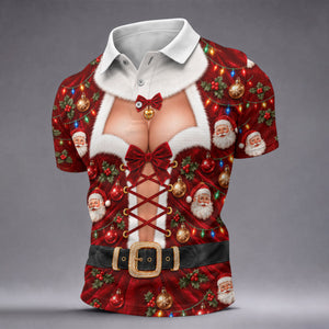 Santa Print Lace Up Corset Christmas Golf Shirt, Golf Gifts For Men, Mens Golf Polo