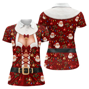 Santa Print Lace Up Corset Christmas Golf Shirt, Ladies Golf Tops, Womens Golf Tops