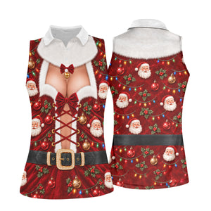 Santa Print Lace Up Corset Christmas Golf Shirt, Ladies Golf Tops, Womens Golf Tops