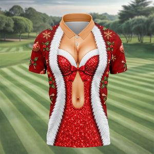 Red Sequin Fur Corset Christmas Golf Shirt, Golf Shirts For Men, Mens Golf Shirts