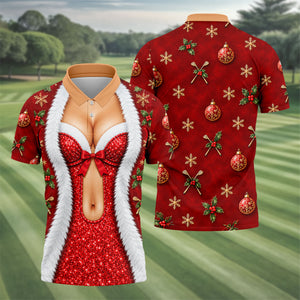 Red Sequin Fur Corset Christmas Golf Shirt, Golf Shirts For Men, Mens Golf Shirts