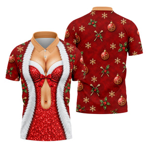Red Sequin Fur Corset Christmas Golf Shirt, Golf Shirts For Men, Mens Golf Shirts
