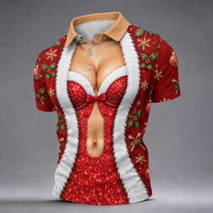 Red Sequin Fur Corset Christmas Golf Shirt, Golf Shirts For Men, Mens Golf Shirts