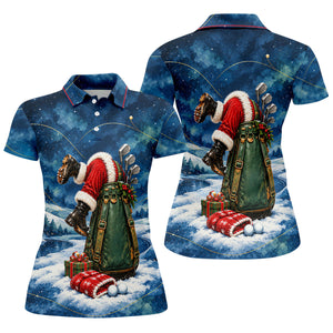 Blue Santa Golf Bag Christmas Golf Shirt, Golf Shirts For Women, Ladies Golf Shirts