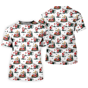 Santa Golf Cart Pattern Christmas Golf Shirt, Golf Shirts For Women, Womens Golf Tops