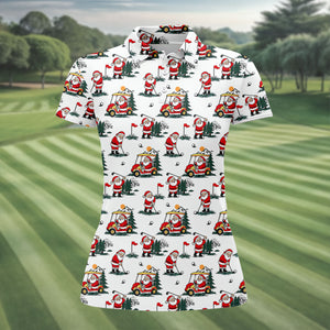 Santa Golf Cart Pattern Christmas Golf Shirt, Golf Shirts For Women, Womens Golf Tops