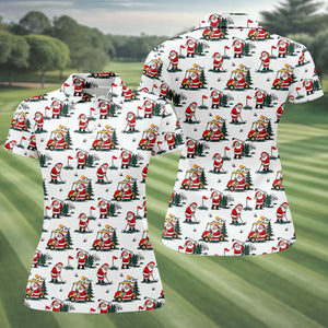 Santa Golf Cart Pattern Christmas Golf Shirt, Golf Shirts For Women, Womens Golf Tops