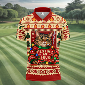 Red Festive As F*ck Cat Christmas Golf Shirt, Mens Golf Clothing, Golf Gifts For Men