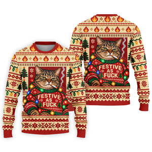 Red Festive As F*ck Cat Christmas Golf Shirt, Mens Golf Clothing, Golf Gifts For Men