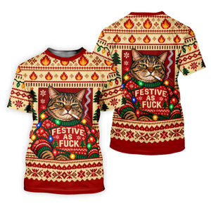 Red Festive As F*ck Cat Christmas Golf Shirt, Mens Golf Clothing, Golf Gifts For Men