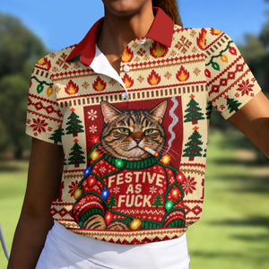 Red Festive As F*ck Cat Christmas Golf Shirt, Womens Golf Apparel, Womens Golf Shirts