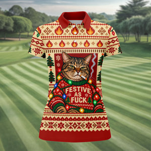 Red Festive As F*ck Cat Christmas Golf Shirt, Womens Golf Apparel, Womens Golf Shirts
