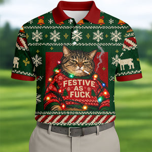 Green Festive As F*ck Cat Christmas Golf Shirt, Mens Golf Shirts, Mens Golf Apparel