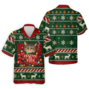 Green Festive As F*ck Cat Christmas Golf Shirt, Mens Golf Shirts, Mens Golf Apparel