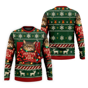 Green Festive As F*ck Cat Christmas Golf Shirt, Mens Golf Shirts, Mens Golf Apparel