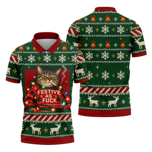 Green Festive As F*ck Cat Christmas Golf Shirt, Mens Golf Shirts, Mens Golf Apparel