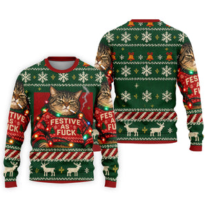 Green Festive As F*ck Cat Christmas Golf Shirt, Mens Golf Shirts, Mens Golf Apparel