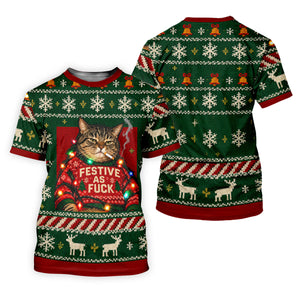 Green Festive As F*ck Cat Christmas Golf Shirt, Mens Golf Shirts, Mens Golf Apparel