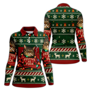 Green Festive As F*ck Cat Christmas Golf Shirt, Ladies Golf Shirts, Womens Golf Tops