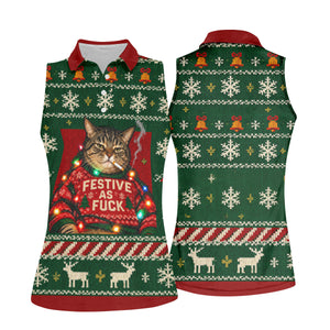 Green Festive As F*ck Cat Christmas Golf Shirt, Ladies Golf Shirts, Womens Golf Tops