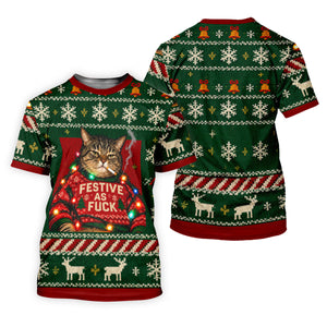 Green Festive As F*ck Cat Christmas Golf Shirt, Ladies Golf Shirts, Womens Golf Tops