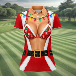 Santa Coat Bikini Lights Christmas Golf Shirt, Ladies Golf Tops, Womens Golf Apparel