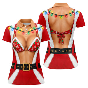 Santa Coat Bikini Lights Christmas Golf Shirt, Ladies Golf Tops, Womens Golf Apparel