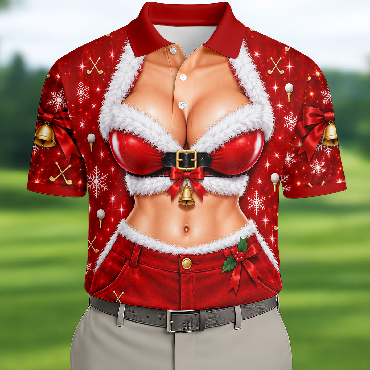 Santa Belt Bikini Abs Christmas Golf Shirt, Golf Gifts For Men, Mens Golf Apparel