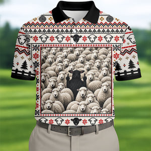Black Sheep Fair Isle Christmas Golf Shirt, Mens Golf Polo, Mens Holiday Golf Shirts