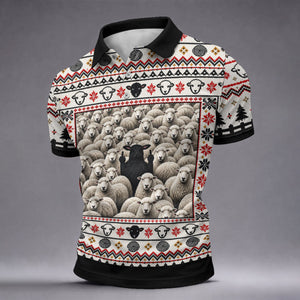 Black Sheep Fair Isle Christmas Golf Shirt, Mens Golf Polo, Mens Holiday Golf Shirts