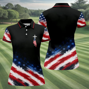 Veteran Cross USA Flag Golf Polo Shirt, Ladies Golf Shirts, Veterans Day Golf Shirt