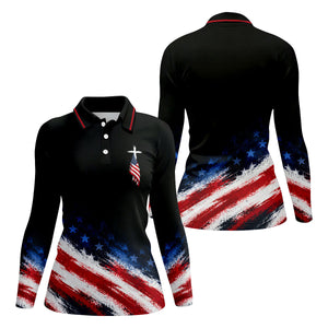 Veteran Cross USA Flag Golf Polo Shirt, Ladies Golf Shirts, Veterans Day Golf Shirt