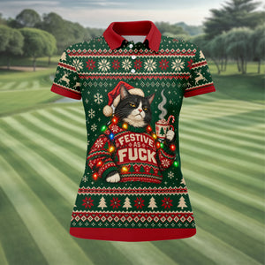 Festive Cat Lights Christmas Golf Shirt, Womens Golf Tops, Golf Shirts For Women