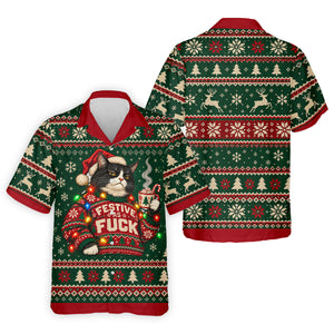 Festive Cat Lights Christmas Golf Shirt, Mens Golf Polo, Mens Holiday Golf Shirts