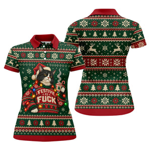 Festive Cat Lights Christmas Golf Shirt, Womens Golf Tops, Golf Shirts For Women